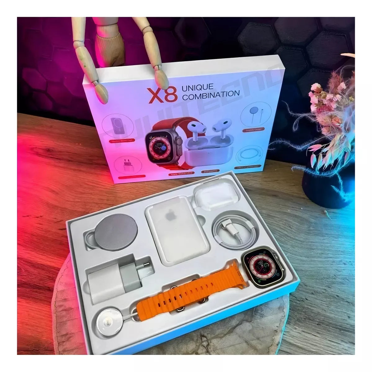 Combo Reloj Watch X8 Ultra + Audifonos In Ear + Power Bank Malla Naranja