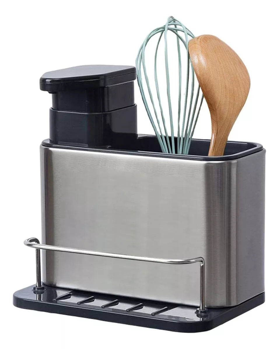 (1)Dispensador de jabón de cocina 3 en 1, soporte de esponja, dispensador de jabón para platos, bandeja organizadora de fregadero de acero inoxidable, escurridor a prueba de herrumbre