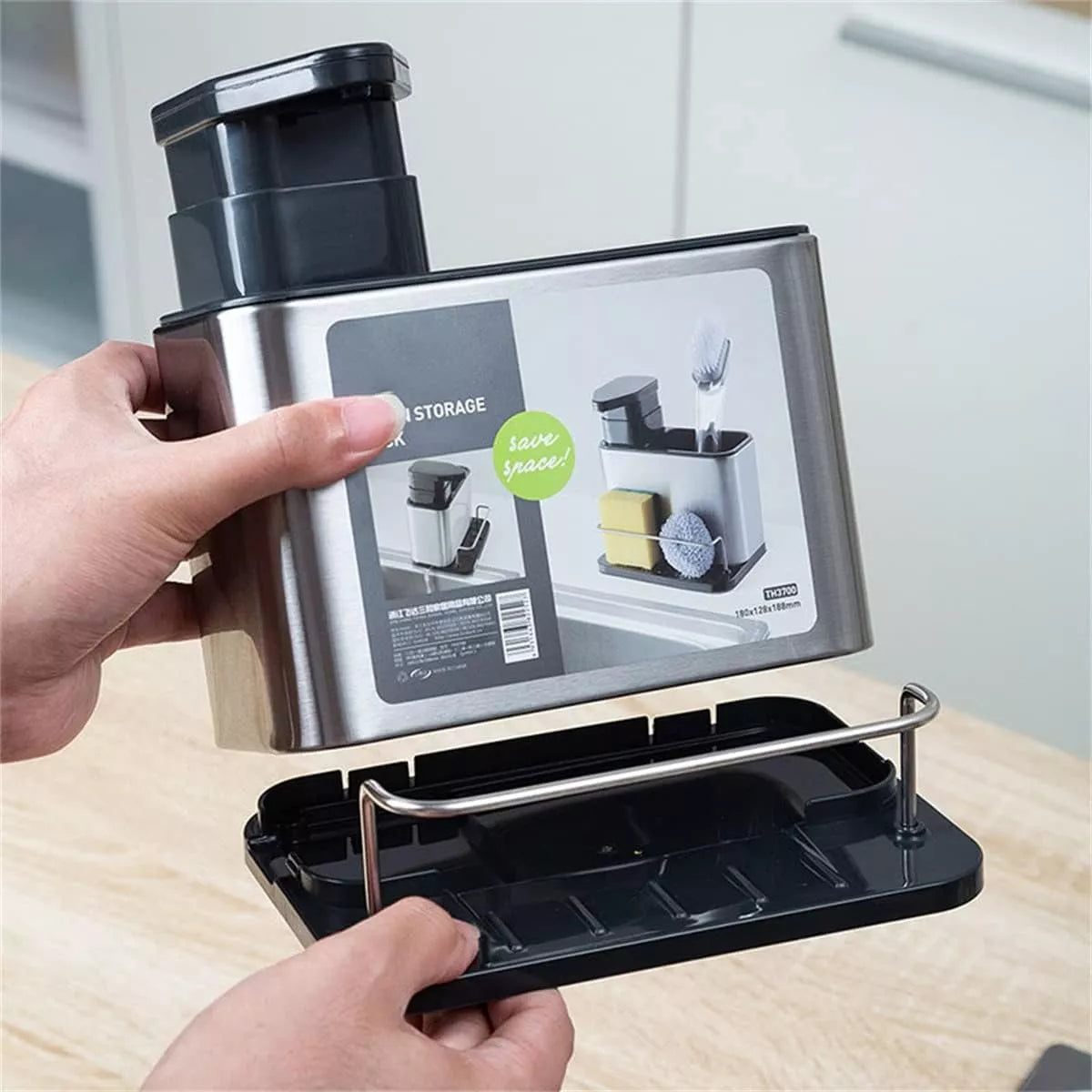 (1)Dispensador de jabón de cocina 3 en 1, soporte de esponja, dispensador de jabón para platos, bandeja organizadora de fregadero de acero inoxidable, escurridor a prueba de herrumbre
