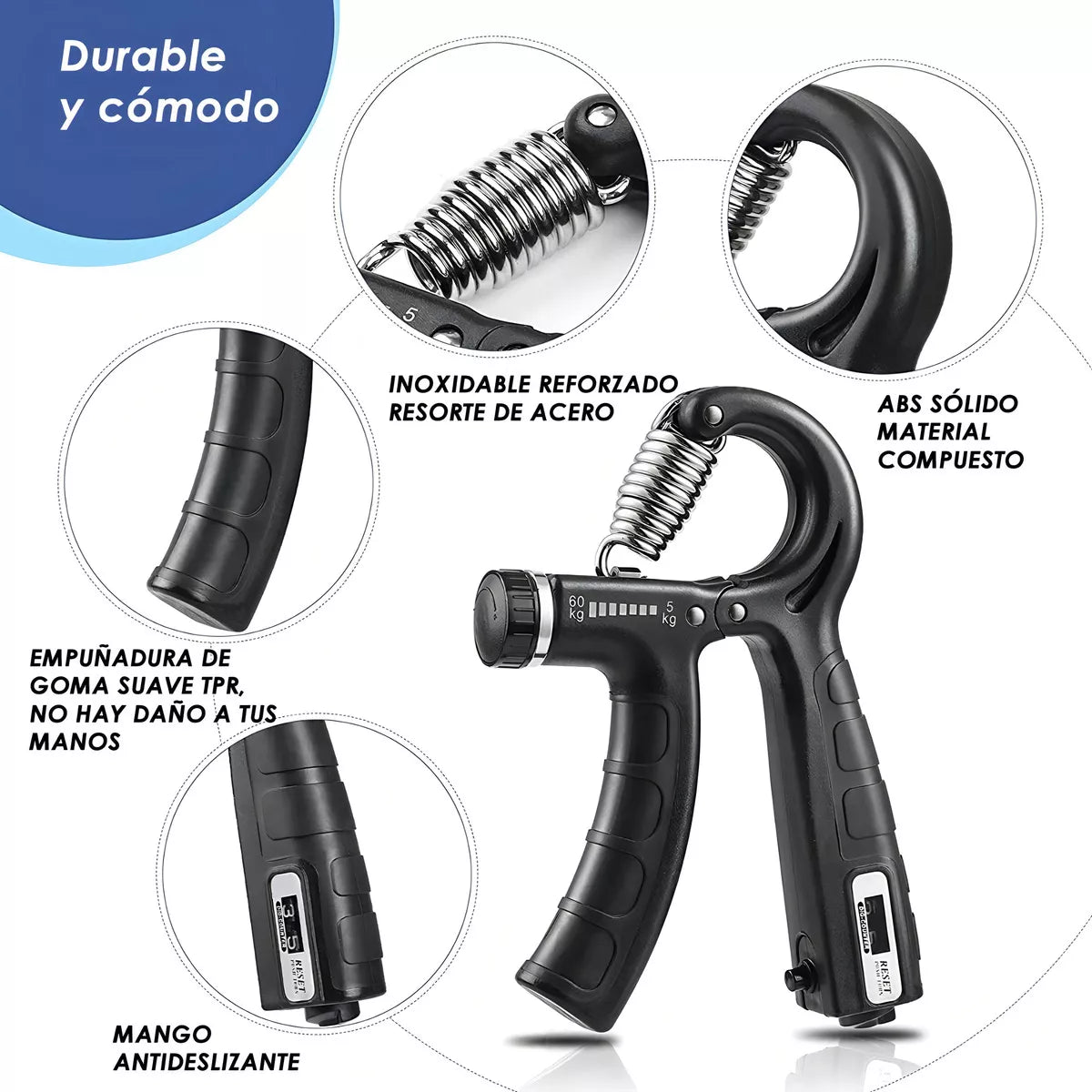 Tensor Hand Grip 60 Kg Contador Fortalece Mano Terapia Brazo Color Negro