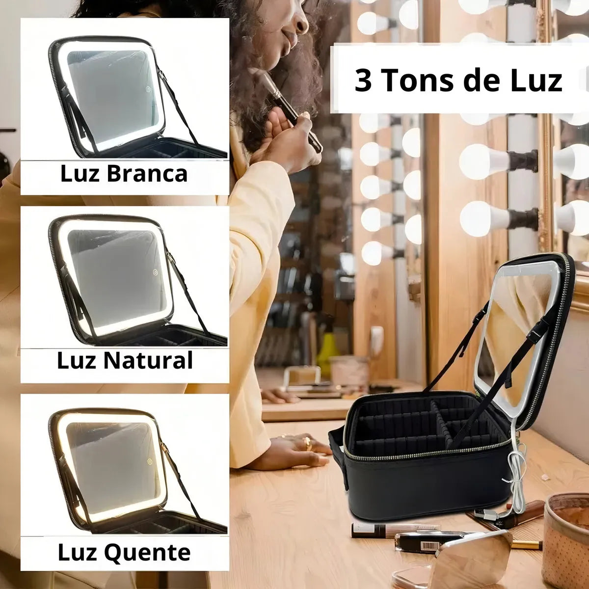 Estuche Cosmética  con Espejo y Luz LED 💄 Organizador de Maquillaje para Viaje