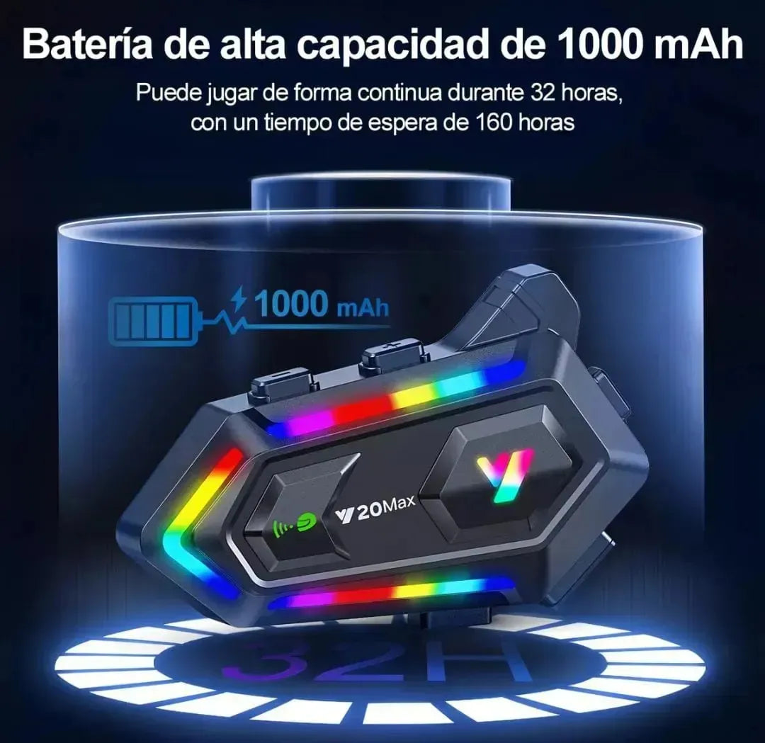 Intercomunicador Bluetooth Y20 Max para Casco 🏍 Manos Libres, Impermeable y Luz RGB