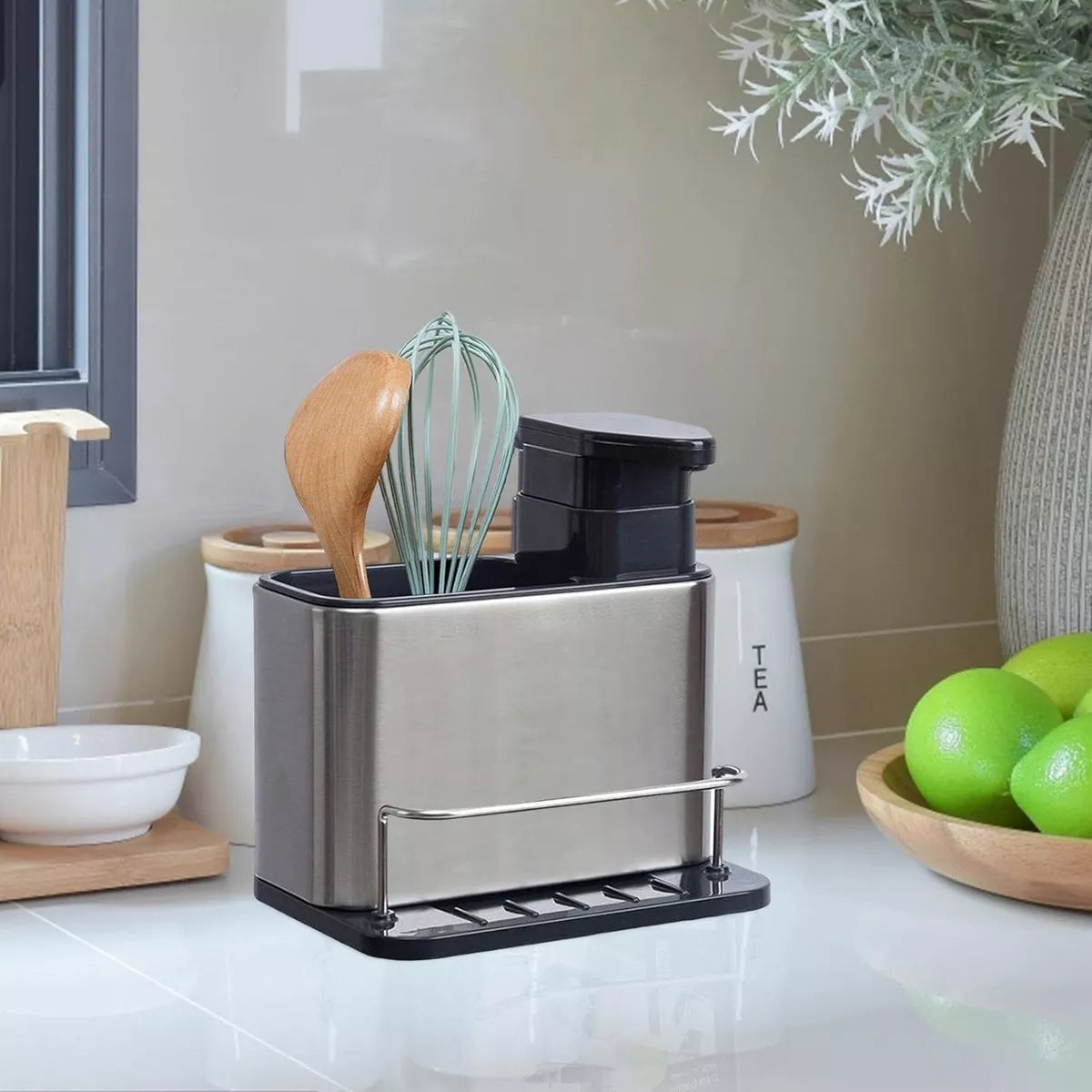 (1)Dispensador de jabón de cocina 3 en 1, soporte de esponja, dispensador de jabón para platos, bandeja organizadora de fregadero de acero inoxidable, escurridor a prueba de herrumbre