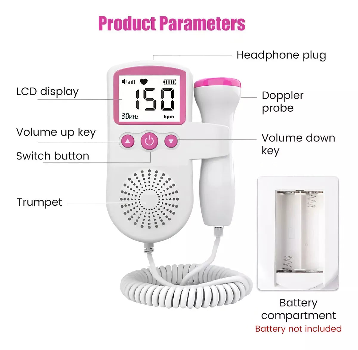 Audífono cardíaco para bebés, monitor de sonar Doppler fetal, color rosa