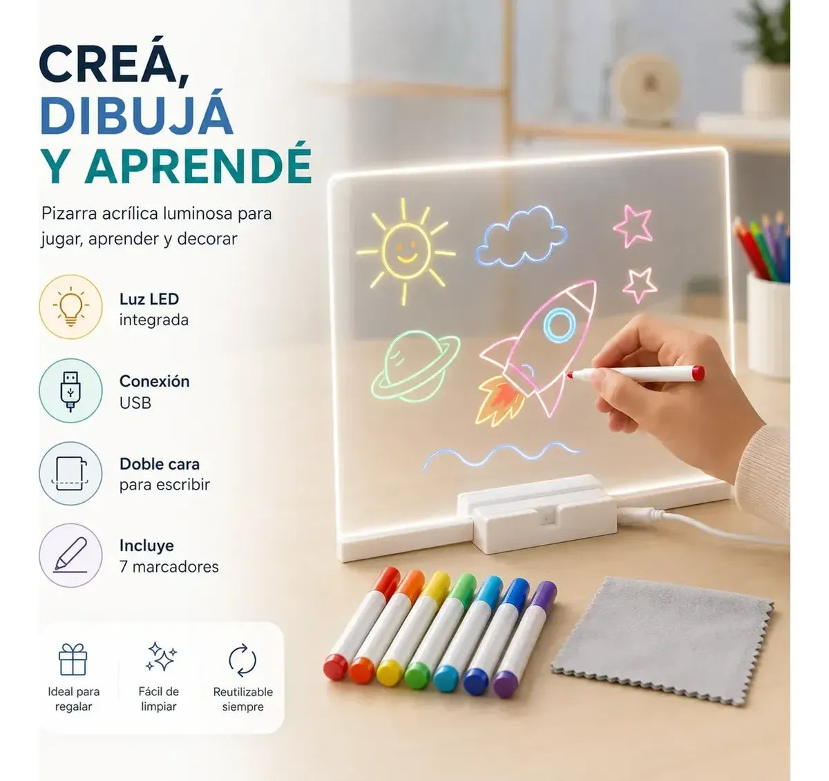 Tablero Luz Led Pizarra Acrílica Luces Neón Didáctico Niñ@s