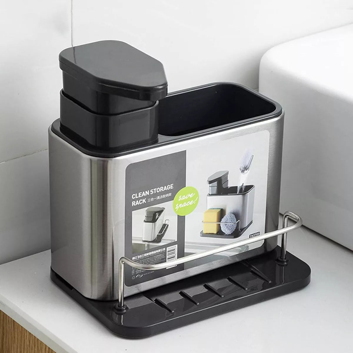 (1)Dispensador de jabón de cocina 3 en 1, soporte de esponja, dispensador de jabón para platos, bandeja organizadora de fregadero de acero inoxidable, escurridor a prueba de herrumbre