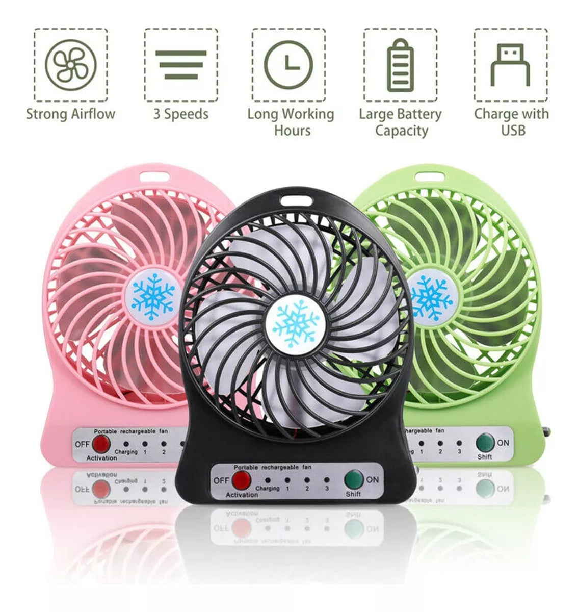 Mini ventilador USB portátil recargable de 3 velocidades