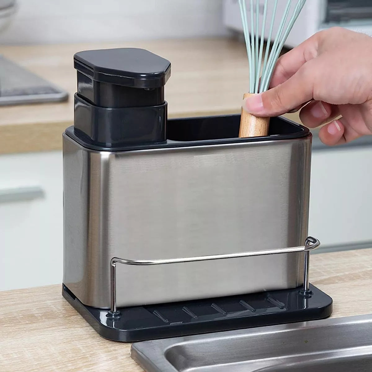 (1)Dispensador de jabón de cocina 3 en 1, soporte de esponja, dispensador de jabón para platos, bandeja organizadora de fregadero de acero inoxidable, escurridor a prueba de herrumbre