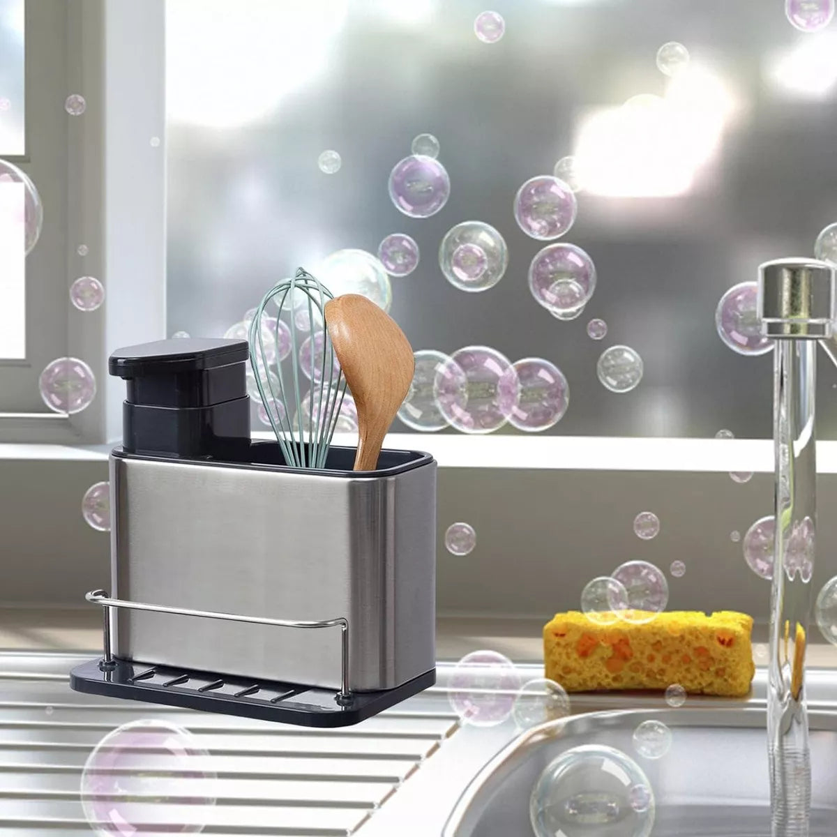 (1)Dispensador de jabón de cocina 3 en 1, soporte de esponja, dispensador de jabón para platos, bandeja organizadora de fregadero de acero inoxidable, escurridor a prueba de herrumbre