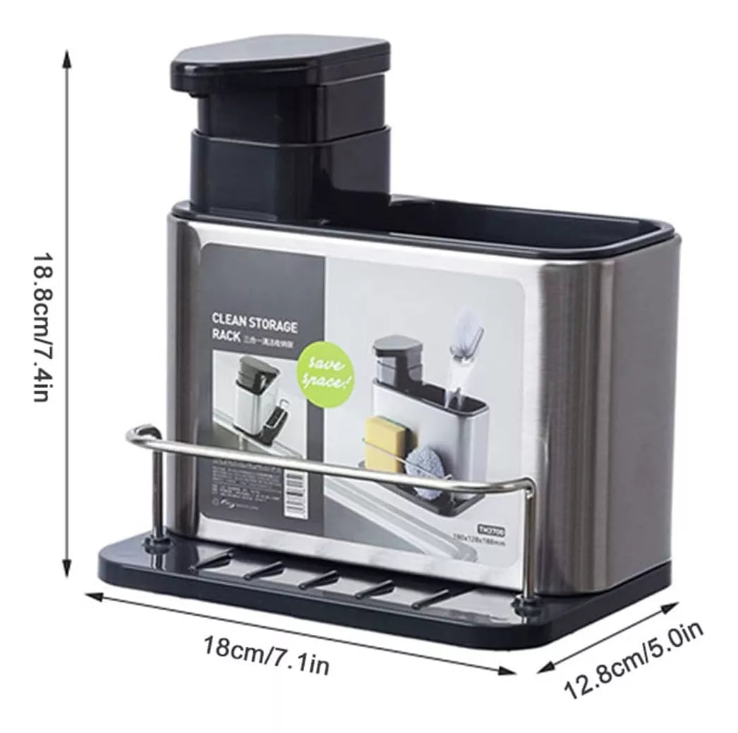(1)Dispensador de jabón de cocina 3 en 1, soporte de esponja, dispensador de jabón para platos, bandeja organizadora de fregadero de acero inoxidable, escurridor a prueba de herrumbre