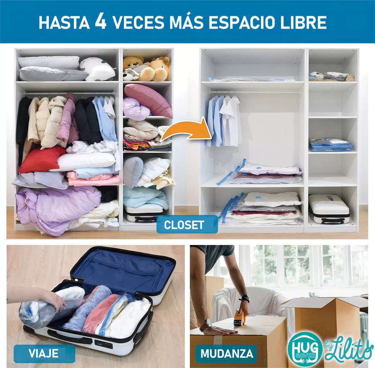 5 Bolsas De Empaque Al Vacío 70x50 + Bomba Ahorrador Espacio Lilito Hug Saver