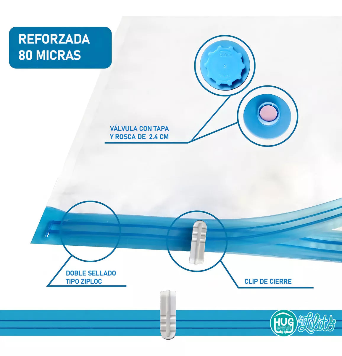 5 Bolsas De Empaque Al Vacío 70x50 + Bomba Ahorrador Espacio Lilito Hug Saver