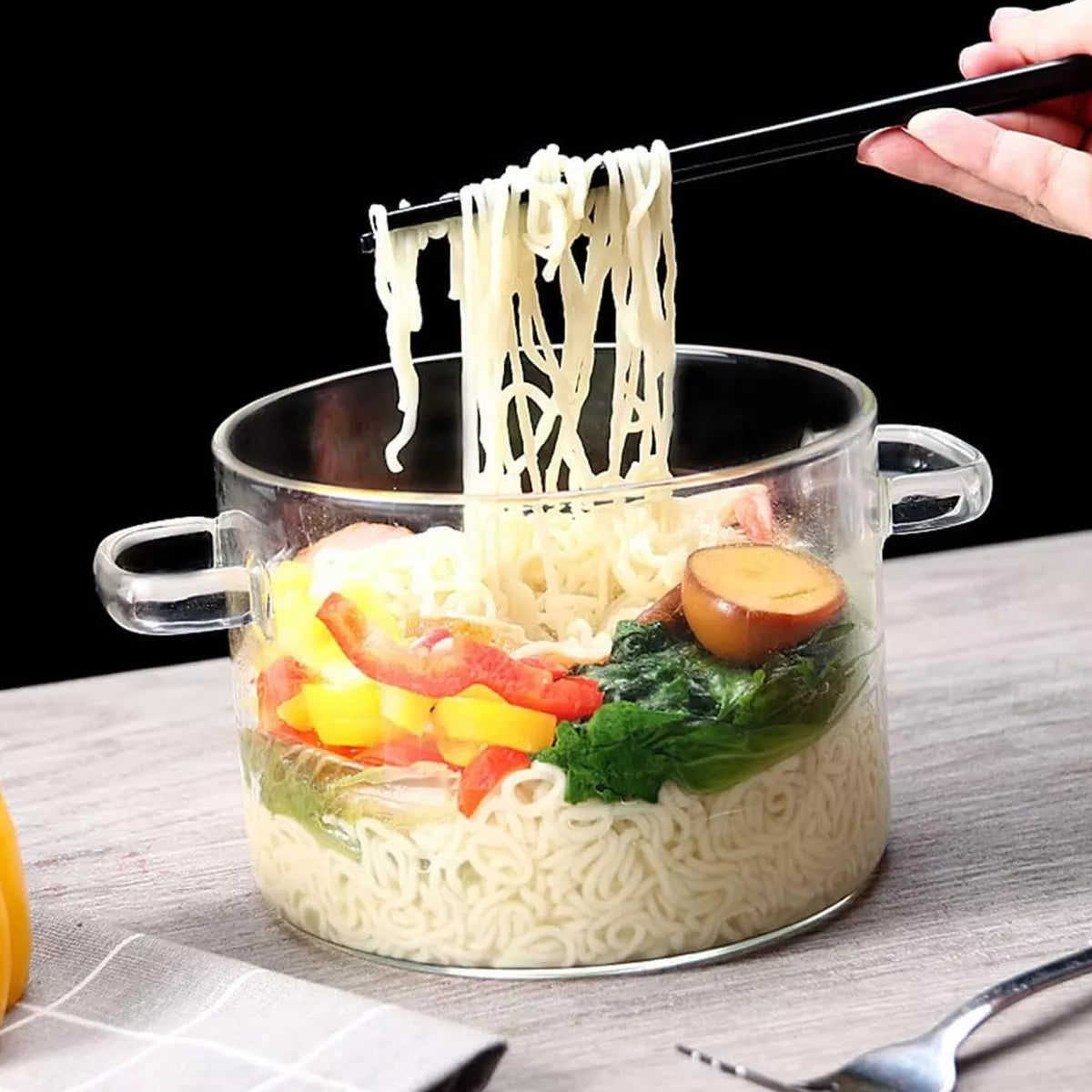 (1)Olla de sopa de vidrio transparente, resistente al calor, calefacción contra incendios por microondas, cacerola de vidrio con asas dobles y cubierta, herramientas de cocina