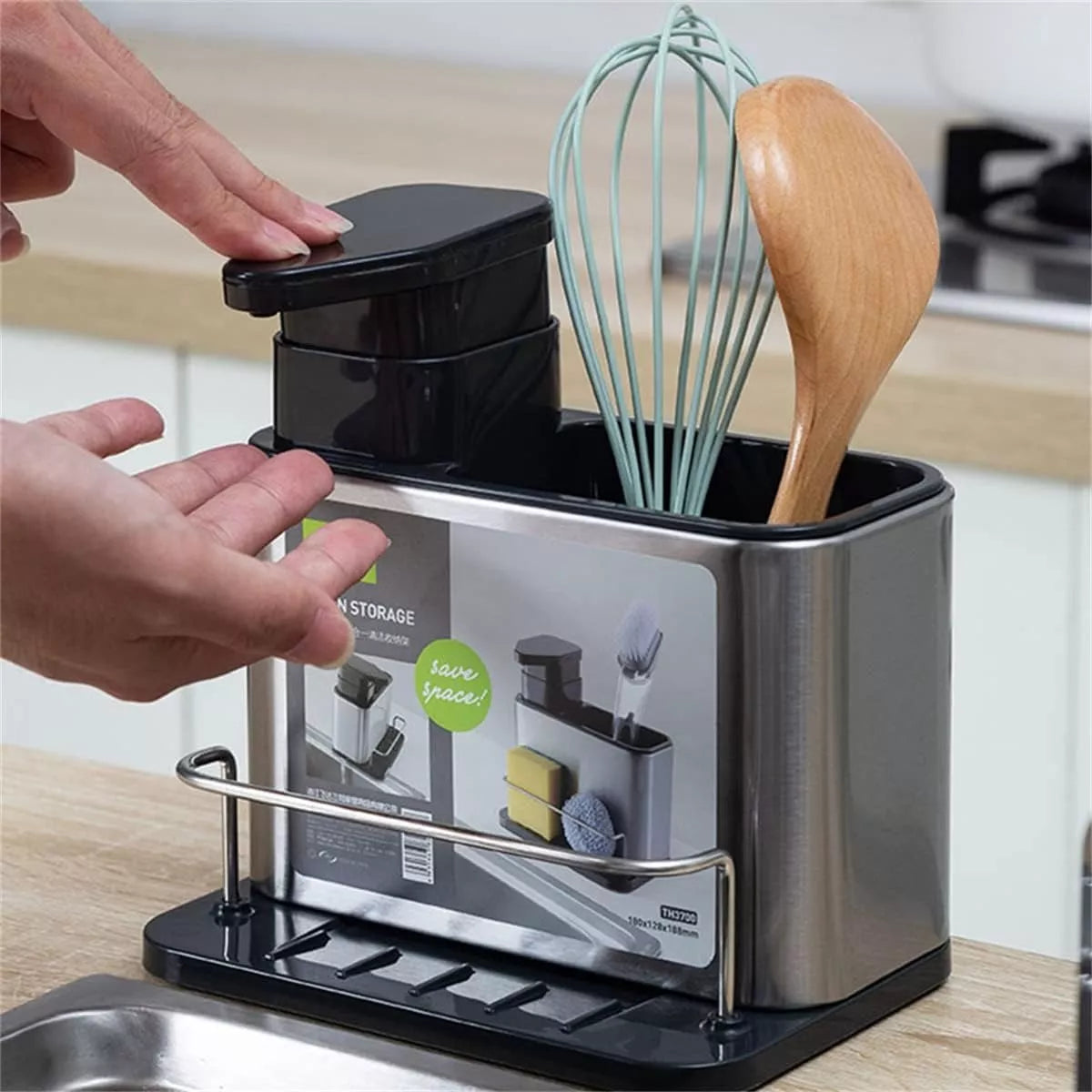 (1)Dispensador de jabón de cocina 3 en 1, soporte de esponja, dispensador de jabón para platos, bandeja organizadora de fregadero de acero inoxidable, escurridor a prueba de herrumbre