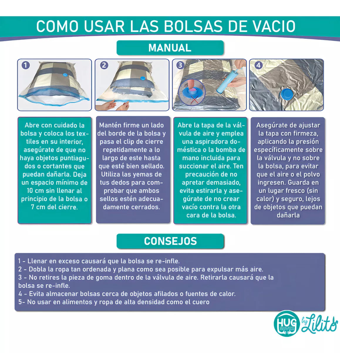 5 Bolsas De Empaque Al Vacío 70x50 + Bomba Ahorrador Espacio Lilito Hug Saver