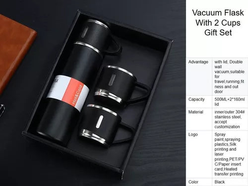Set Termo X3vasos Portatil 500ml Acero Inoxidable Set Regalo Negro