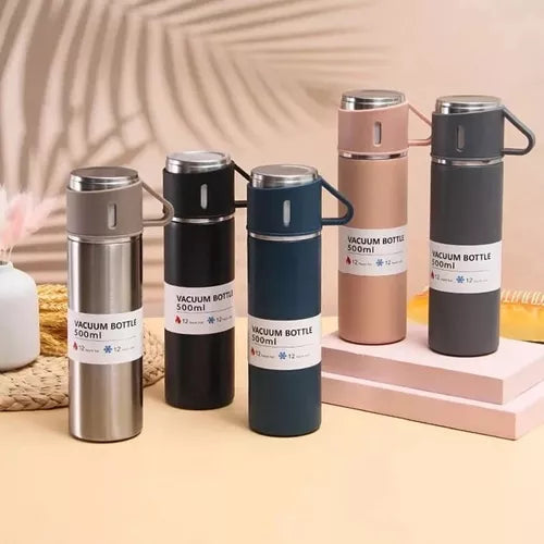 Set Termo X3vasos Portatil 500ml Acero Inoxidable Set Regalo Negro