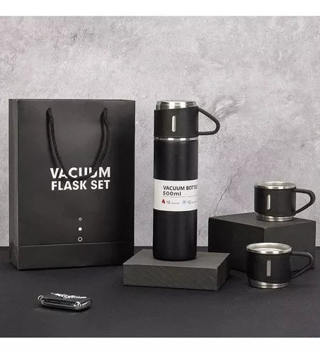 Set Termo X3vasos Portatil 500ml Acero Inoxidable Set Regalo Negro