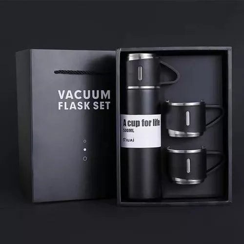 Set Termo X3vasos Portatil 500ml Acero Inoxidable Set Regalo Negro