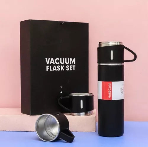 Set Termo X3vasos Portatil 500ml Acero Inoxidable Set Regalo Negro