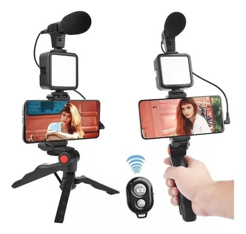 Estabilizador Soporte Celular Luz Led Micrófono + Control Color Negro AY 49