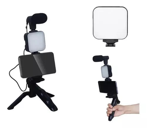 Estabilizador Soporte Celular Luz Led Micrófono + Control Color Negro AY 49