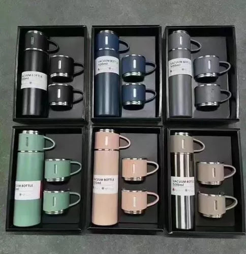 Set Termo X3vasos Portatil 500ml Acero Inoxidable Set Regalo Negro