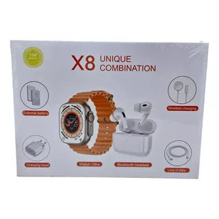 Combo Reloj Watch X8 Ultra + Audifonos In Ear + Power Bank Malla Naranja