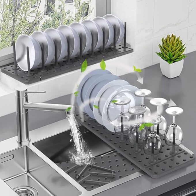 (1)Escurridor retractil de cocina bandeja organizadora con espacio para loza ollas y vasos