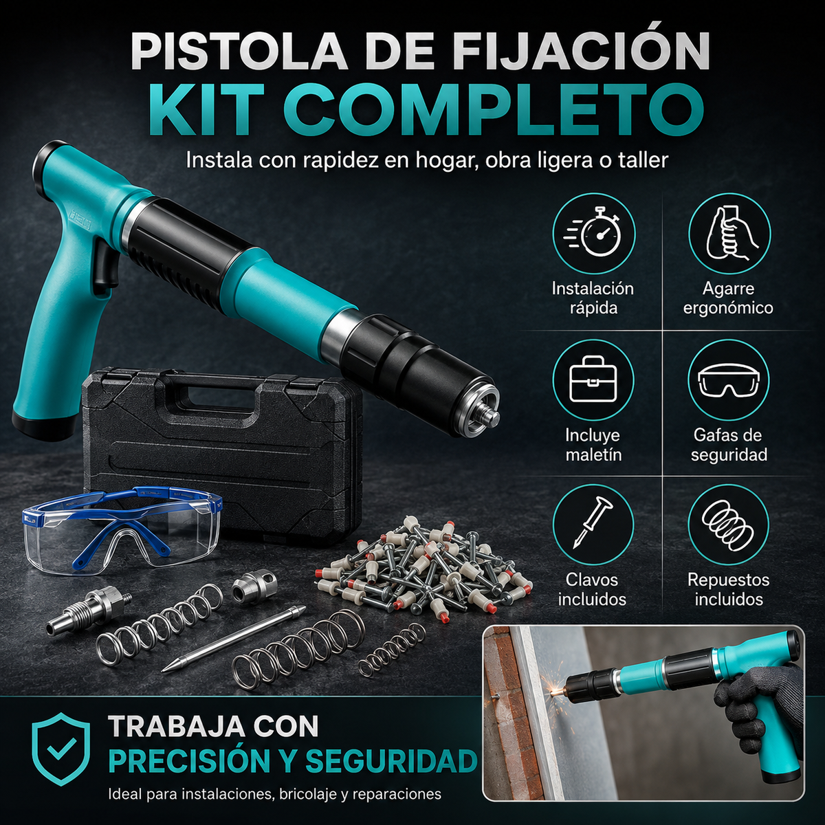 Pistola Neumática para Clavos 🔨 + Gafas de Protección + 10 Clavos | Kit Completo