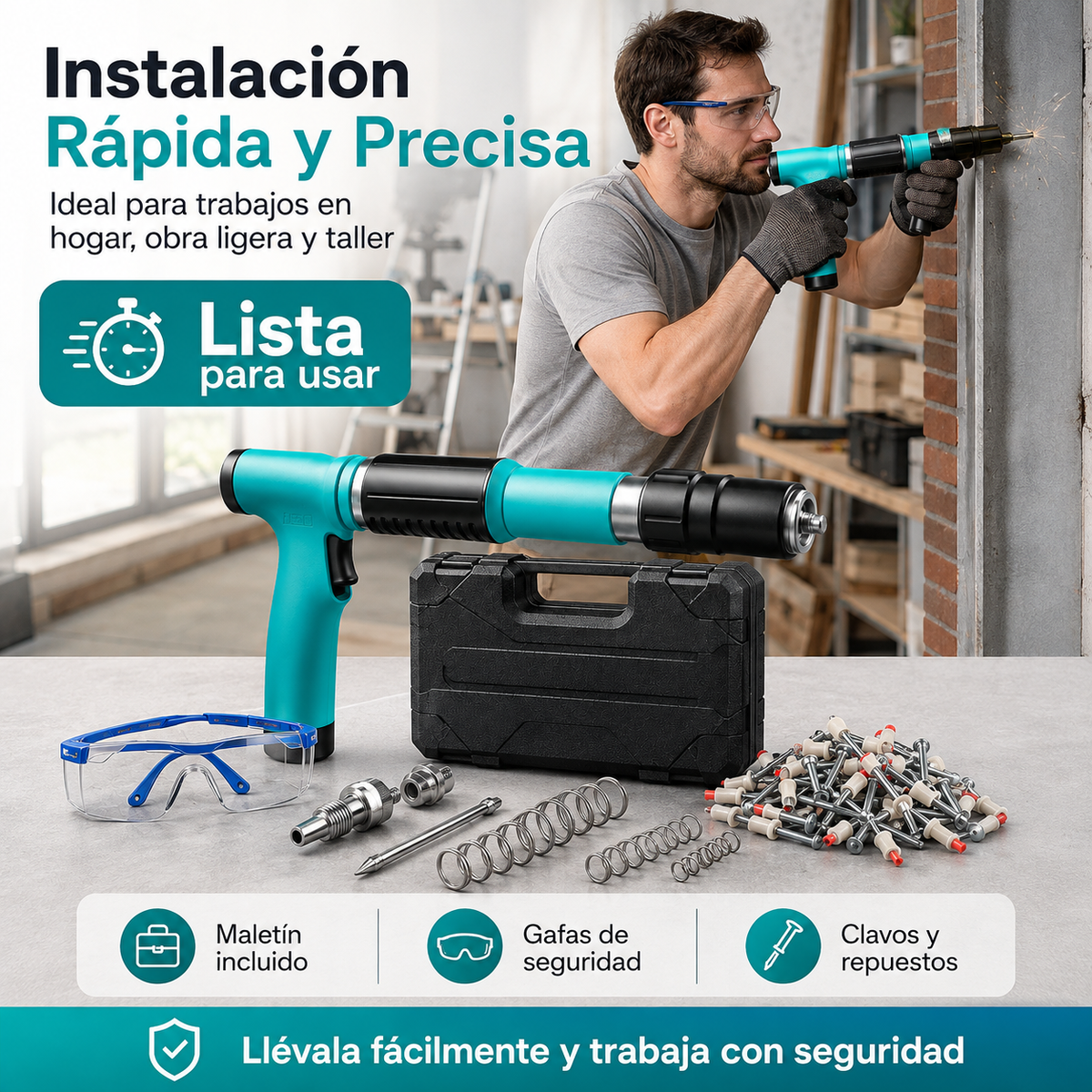 Pistola Neumática para Clavos 🔨 + Gafas de Protección + 10 Clavos | Kit Completo