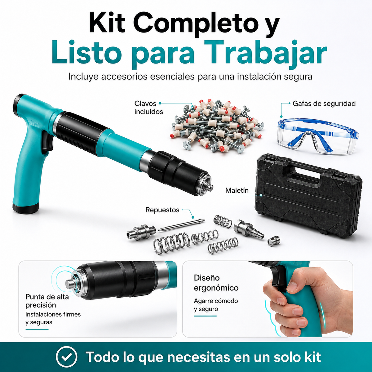 Pistola Neumática para Clavos 🔨 + Gafas de Protección + 10 Clavos | Kit Completo