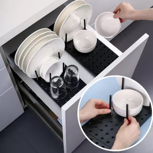 (1)Escurridor retráctil de cocina bandeja organizadora con espacio para loza ollas y vasos