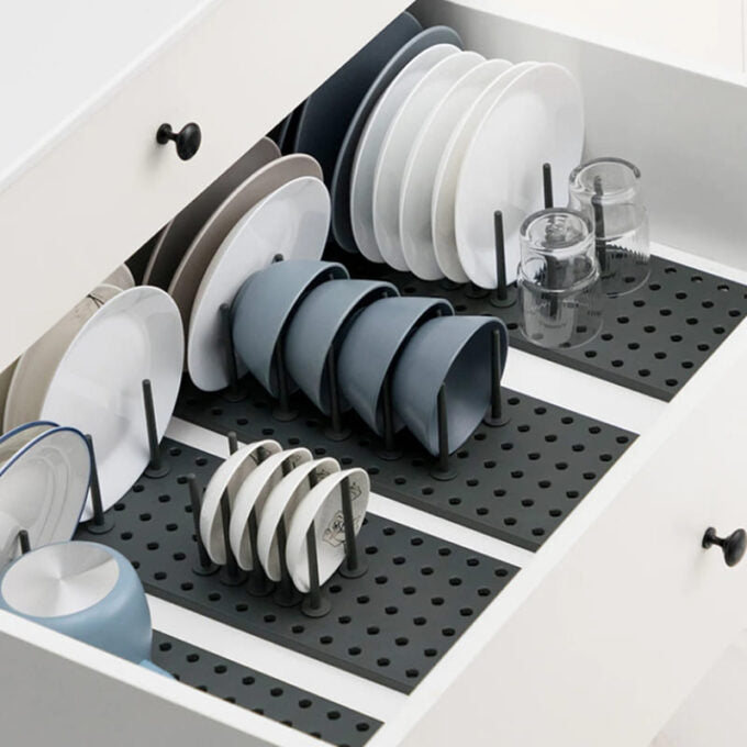 (1)Escurridor retráctil de cocina bandeja organizadora con espacio para loza ollas y vasos