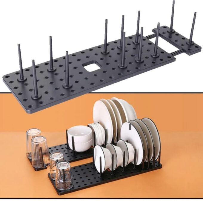 (1)Escurridor retráctil de cocina bandeja organizadora con espacio para loza ollas y vasos