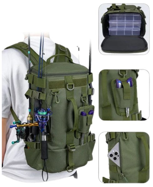 Mochila de Pesca Multifuncional 🎣 Con Porta Cañas y Múltiples Compartimentos