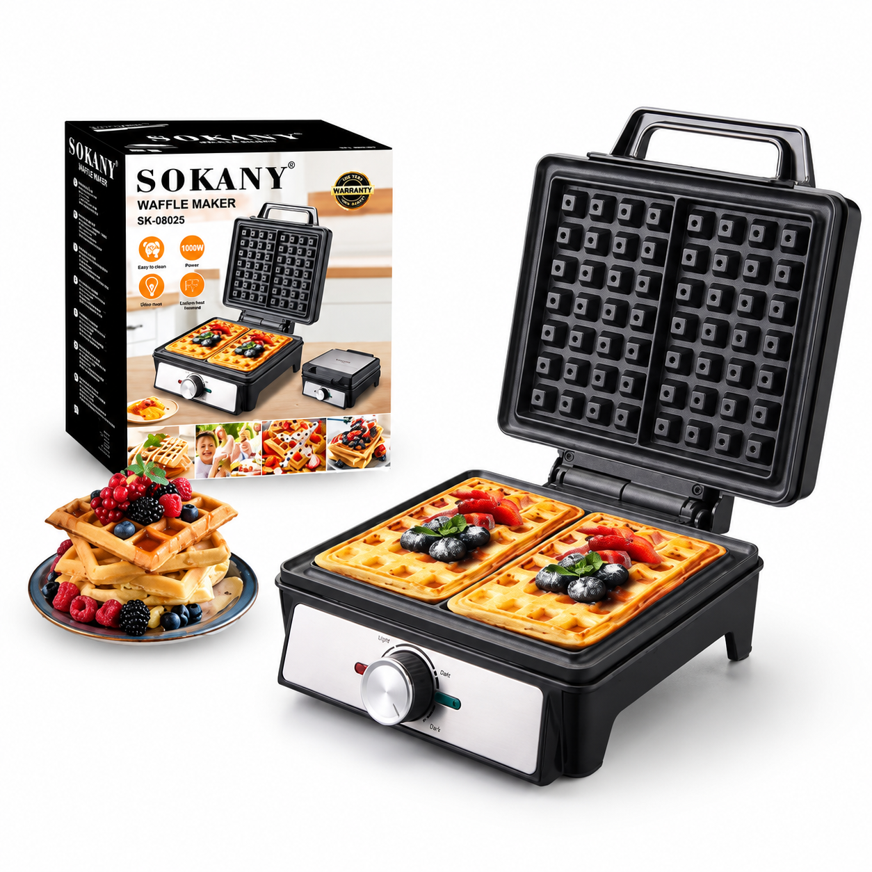 Waflera SOKANY SK-08025 1000W 🧇 Prepara Waffles Dorados y Crujientes en Casa
