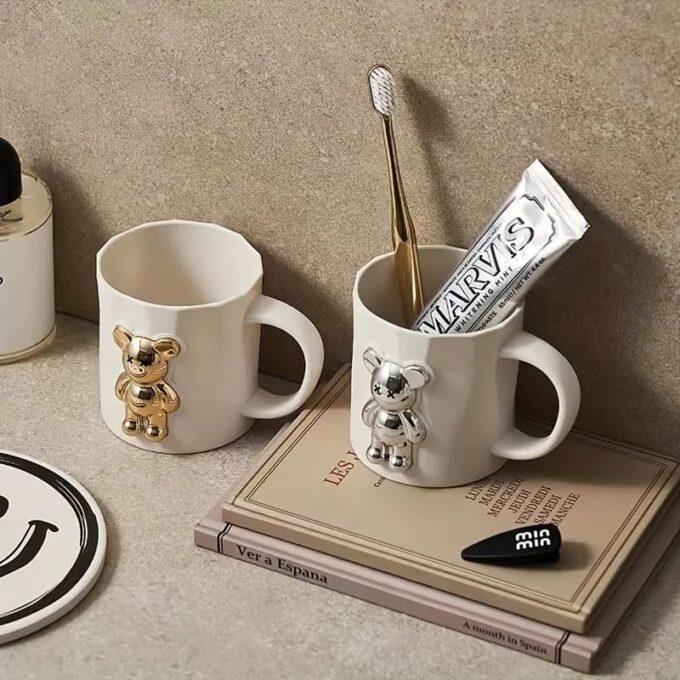 (1)Pocillo decorativo blanco oso dorado utensilio cocina