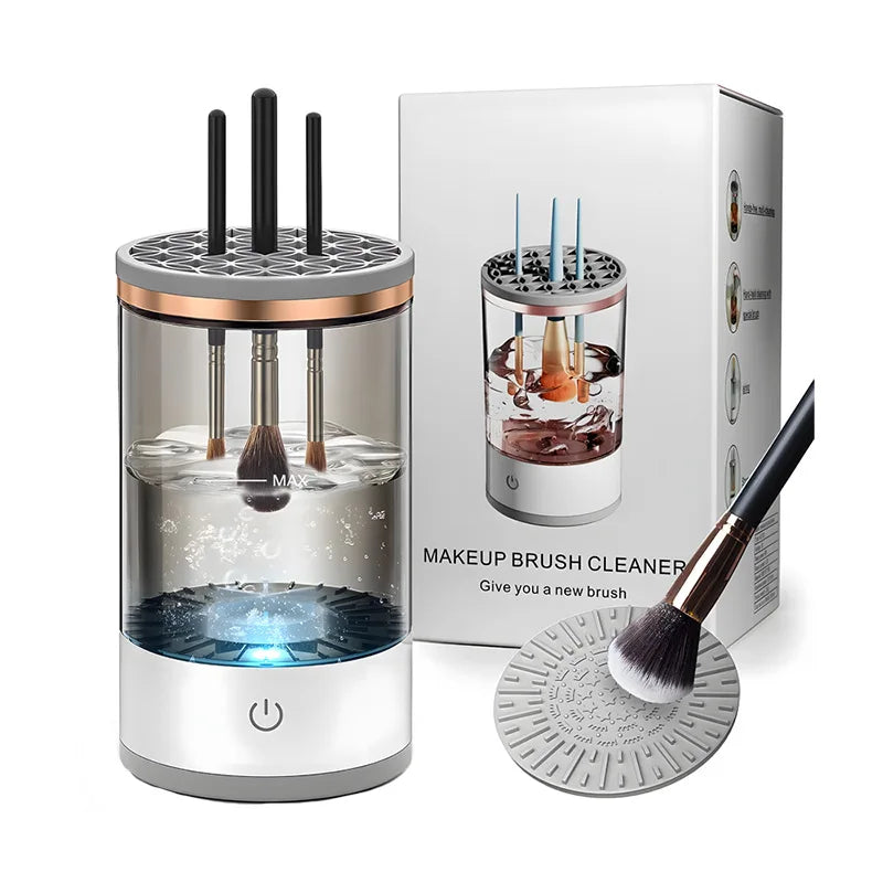 Limpiador de brochas de maquillaje eléctrico 3 en 1 para mujer, soporte giratorio automático para brochas de maquillaje, herramienta de secado rápido