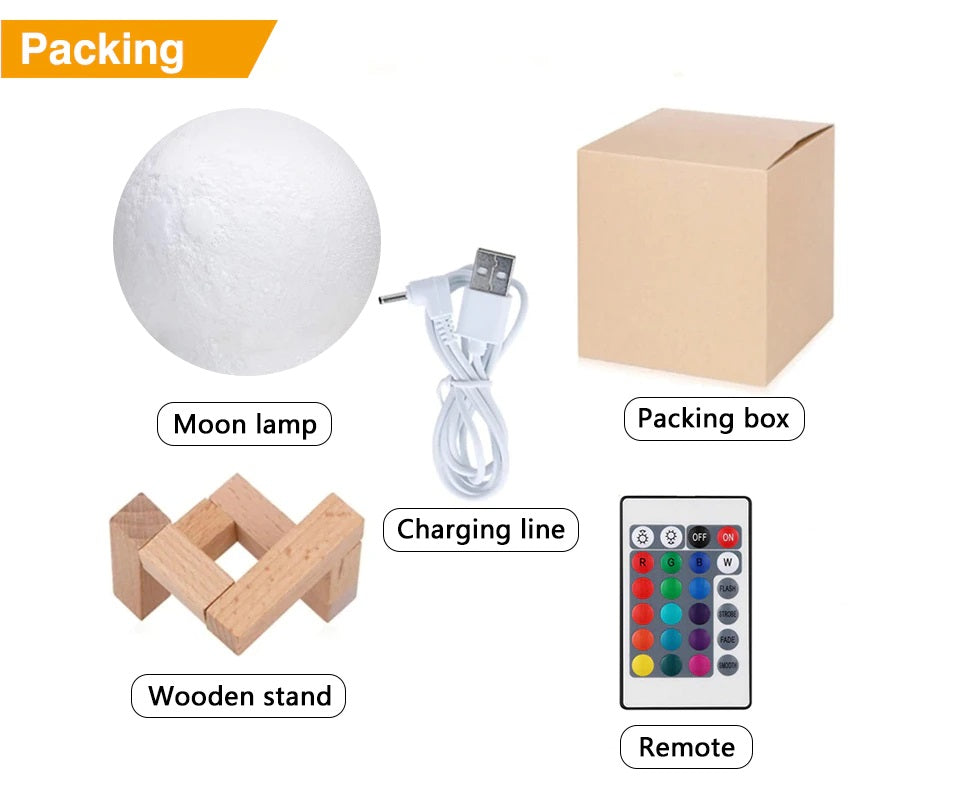 Lámpara Luna Con Control Luz Led Colores Recargable Con Base